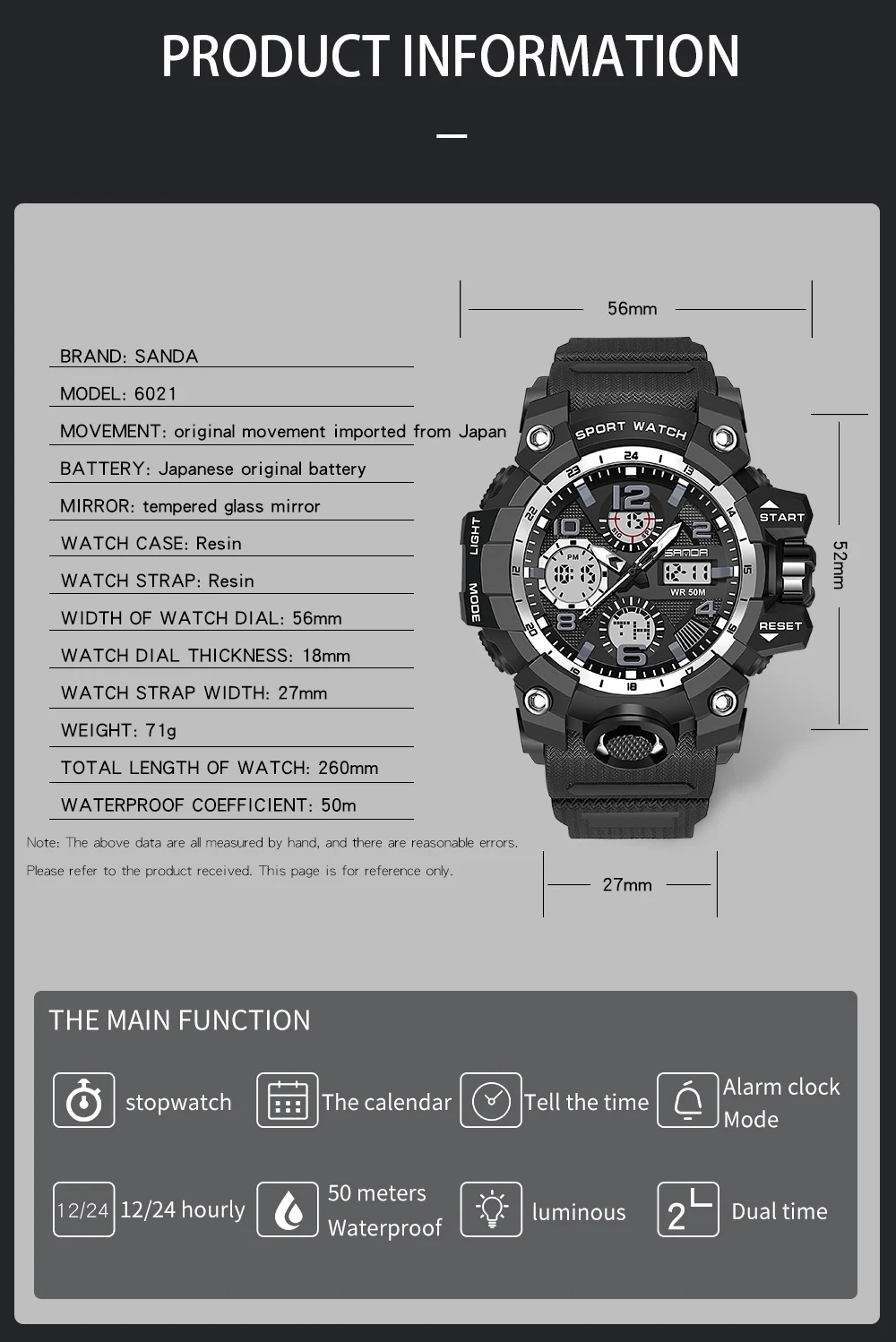 SANDA 6021 Sport Watch for Men Waterproof LED Dual Display Quartz Wristwatch Mens Digital Clock Military Stopwatch Reloj Hombre