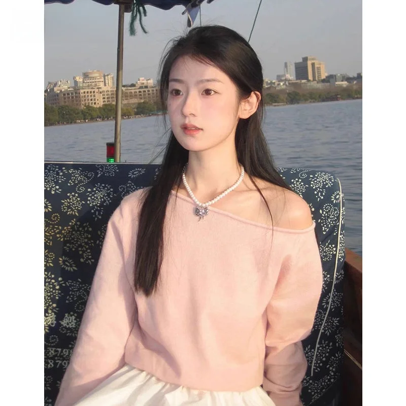 Sli Abnehmen Süße Pure Desire oulder Bared Schräg Kragen Strickwaren frauen Herbst Winter Lange Sve Basis Schicht Top trendy