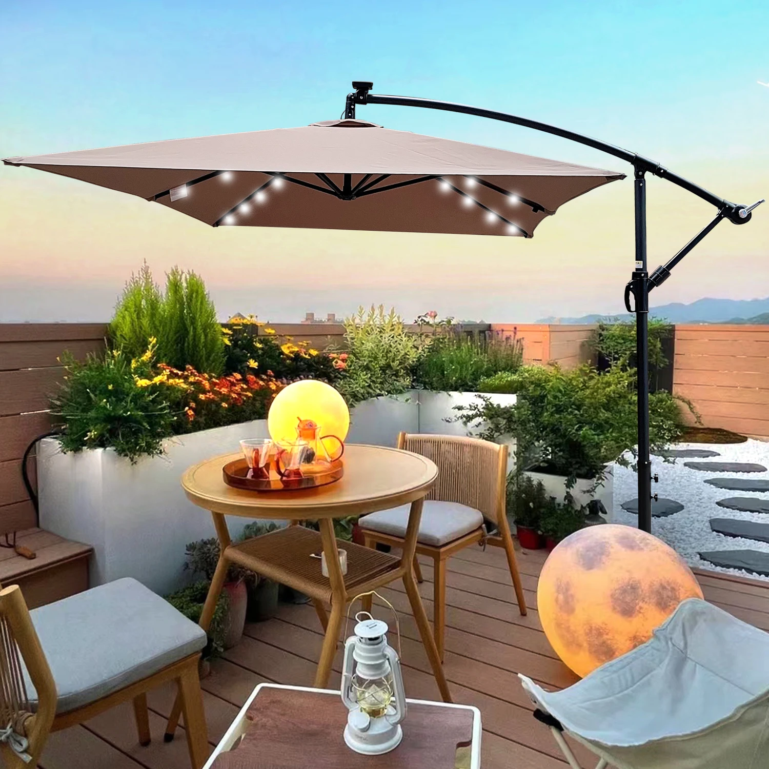 Rectangle 2x3M Outdoor Patio Umbrella Solar Powered LED Lighted Sun Shade Market Waterproof 6 Ribs Umbrella with Crank and Cross