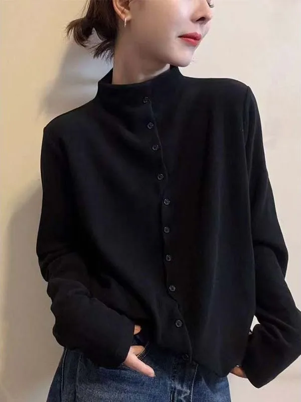 여성용 스탠드 칼라 긴팔 베이직 티셔츠 한국 패션 블라 V넥 풀오버 탑 다용도 가을 겨울...