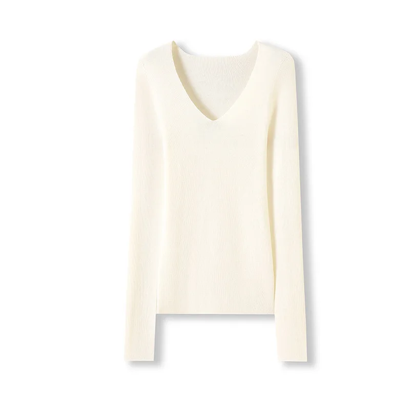 Winsleter - Elegancki sweter damski ze 100% wełny owczej, długi rękaw, dekolt w serek, gładki, podstawowy, dopasowany, bezszwowy sweter, nowość na jesień 2025 T58401CC