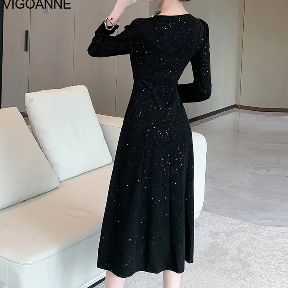 VigoAnne 2025 Woman Black O Neck Knit Dress Spring Autumn Slim Long Sleeve Korean Dresses Lady Evening Party Tight Long Dress