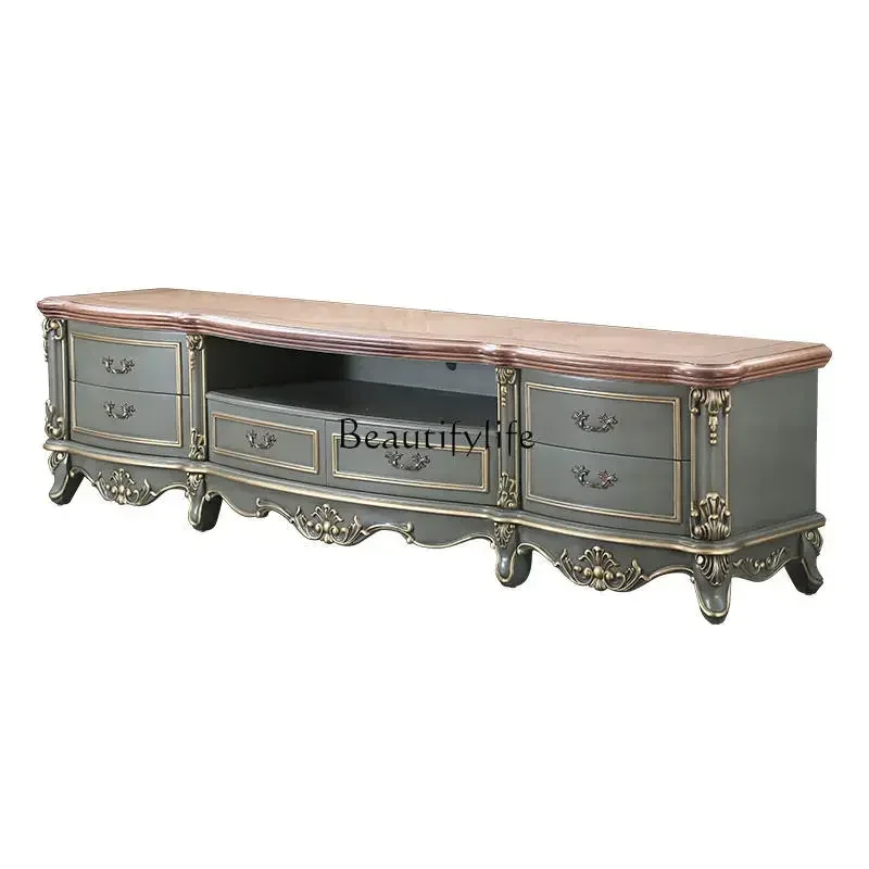 

1LSolid wood hand-carved TV cabinet gold-painted French neoclassical solid wood customization