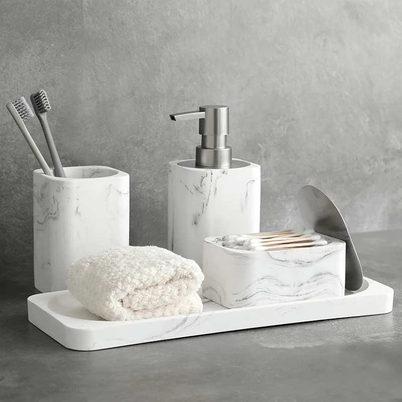 Bathroom Accessory Marble Look Includes Lotion Dispenser Soap Pump Tumbler Saop dish Cotton swab box and Tray