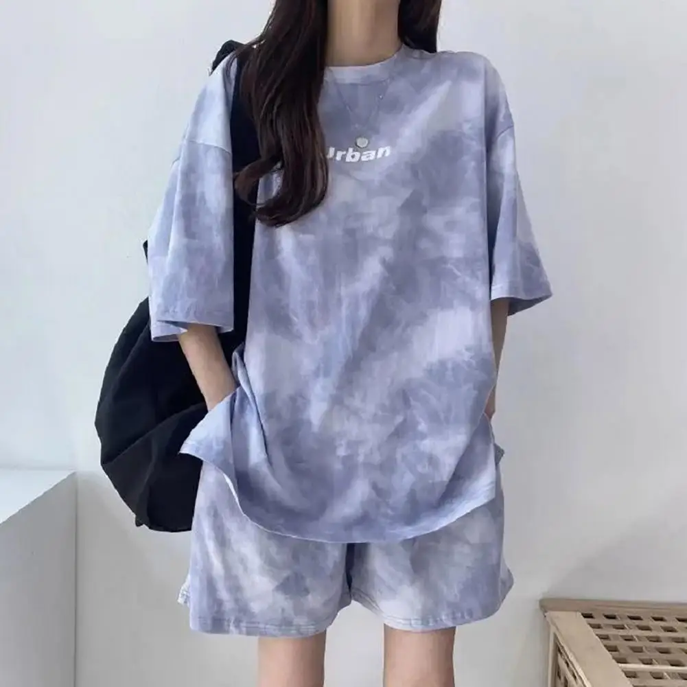 2 Pcs/Set Women T-shirt Shorts Set Loose Mid Length Top Elastic Waist Mini Shorts Loose Short Sleeves Casual Top Pants Set