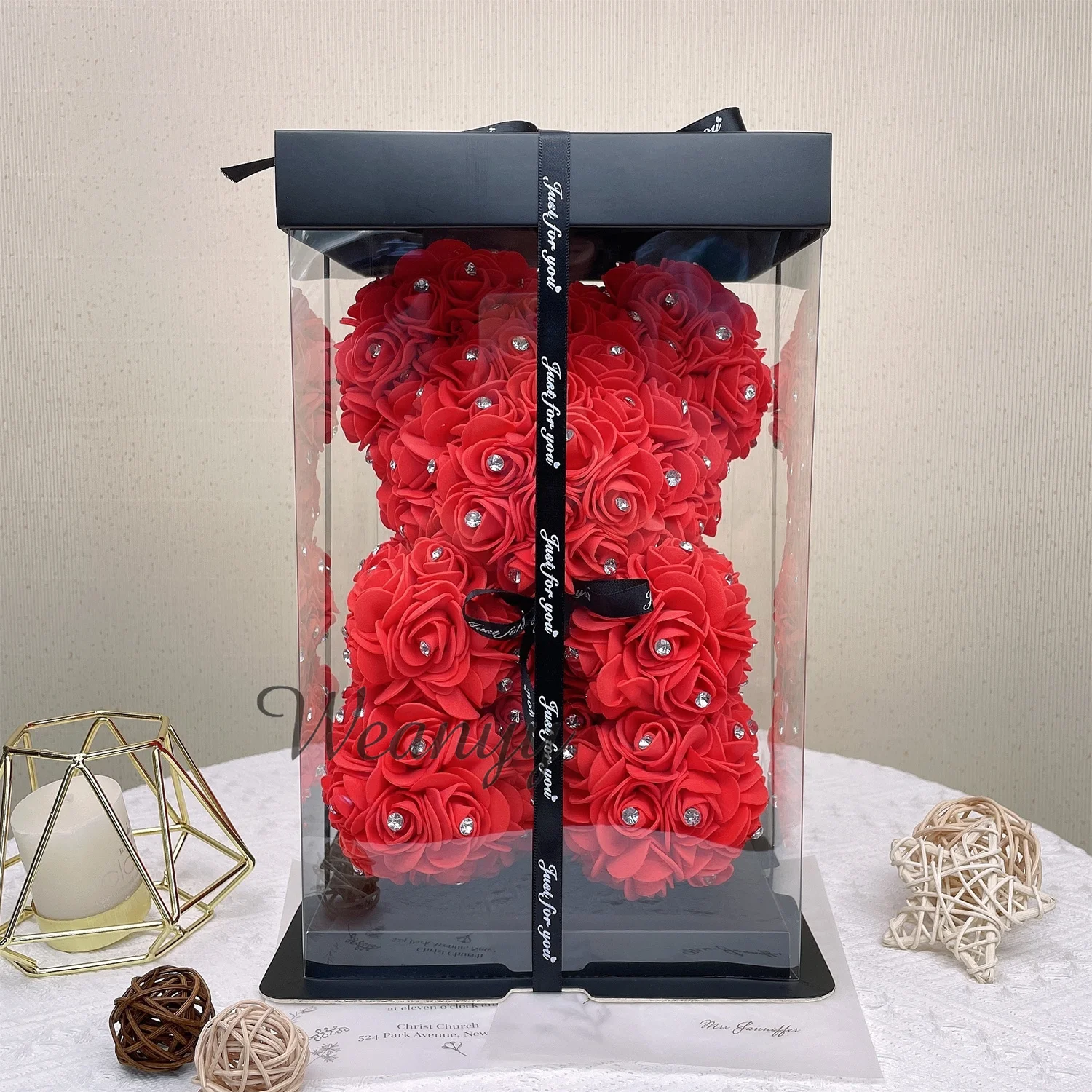 25cm Diamond Rose Bear with clear box for Girlfriend Birthday PE Flower Teddy Bear for Valentine's Day /Monther's Day Cute Gift