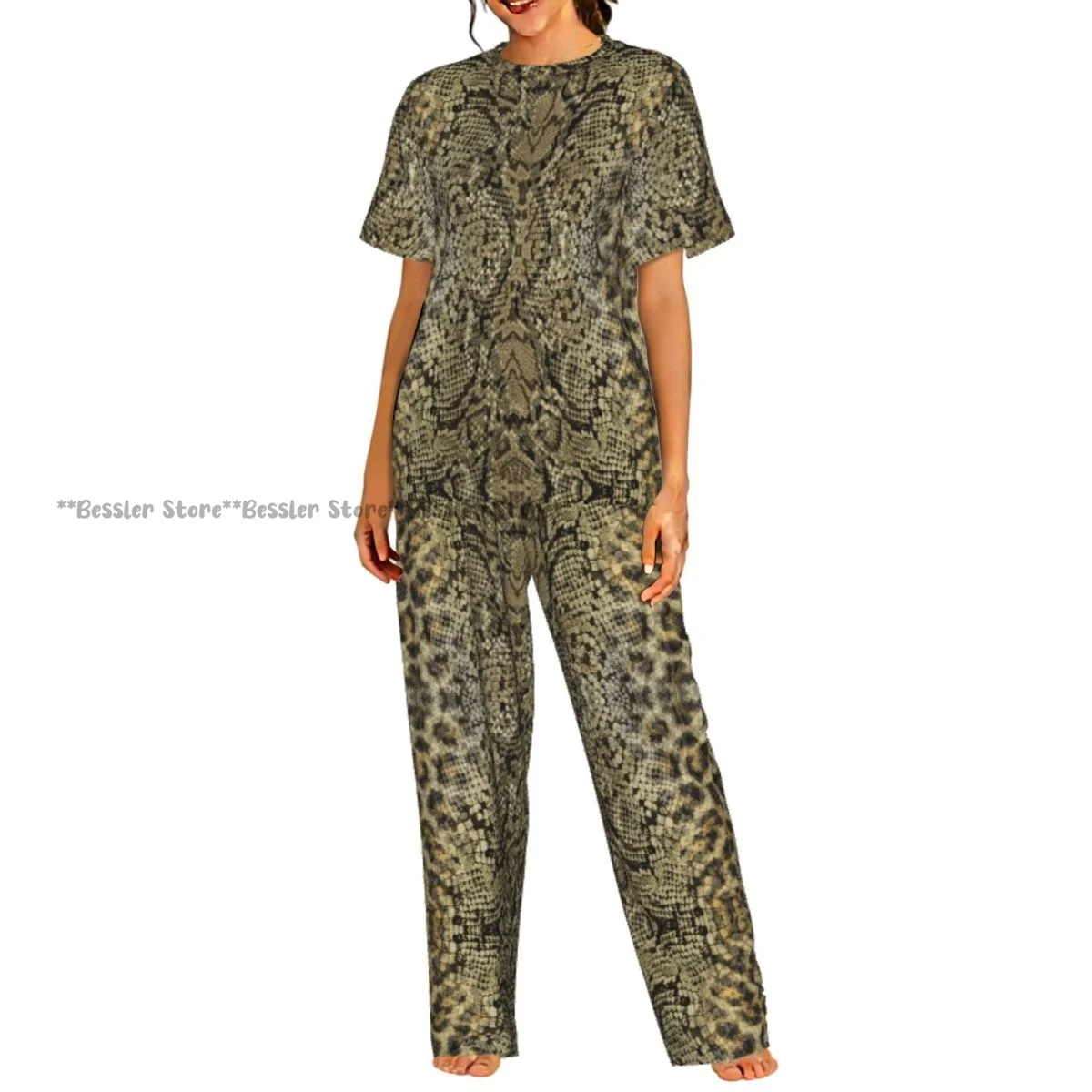

Женский комплект из 2 предметов: пижама с леопардовым и змеиным принтом, топ с короткими рукавами и брюки для сна
