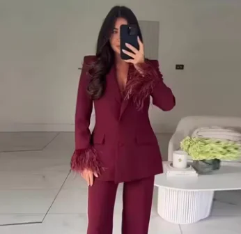 Women Burgundy Notched Lapel Blazer Suit Jacket Feather Tassel Cuff Long Sleeve Elegant Fashion Party Casual Outer Coat 260602