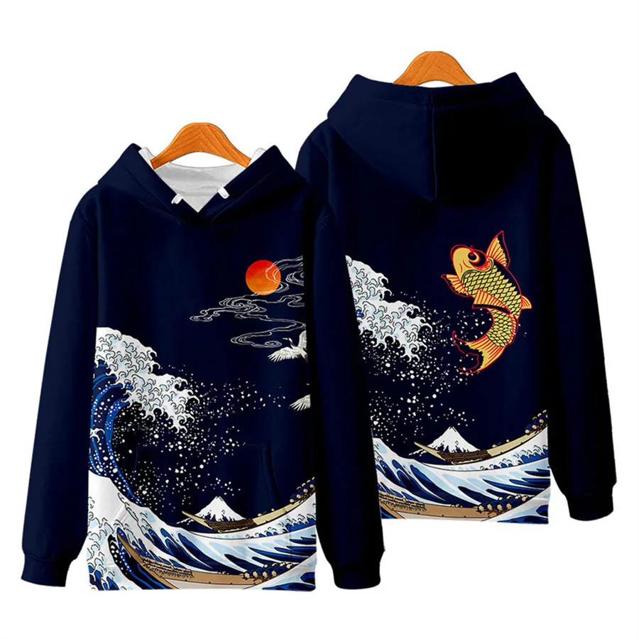 Kanagawa Wave Crane Print Hoodies Sweatshirt Autumn Winter Casual Oversized Hooded Hoodie Harajuku Pullover Women Men Clothing