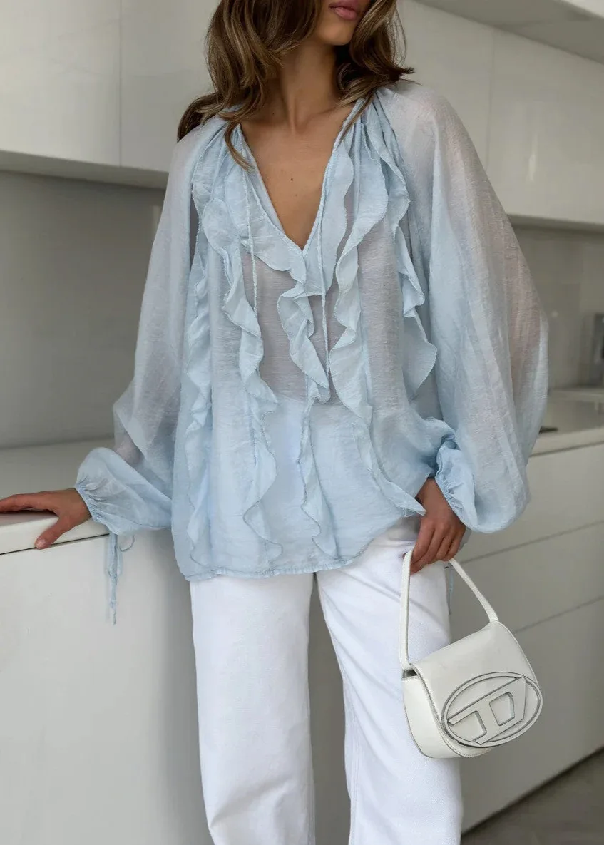 Blubelle 2026 Summer New French V-neck Shirt Ruffled Lotus Leaf Lantern Sleeve Shirt Semi Transparent Thin Shirt Fashion