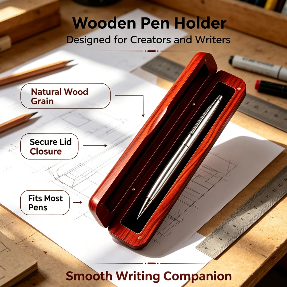 Handmade Red Solid Wood Single Pen Box Magnetic Snap Anti-Scratch Inner Liner Wooden Pencil Case Office Stationery Organizers