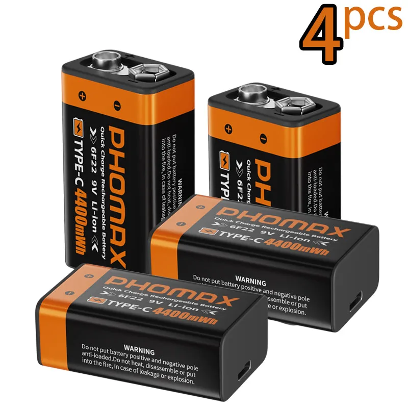 PHOMAX 9V Rechargeable Lithium-Ion Battery 6F22 Compatible with Toy Remote Control Microphones Walkie-Talkies And Fans
