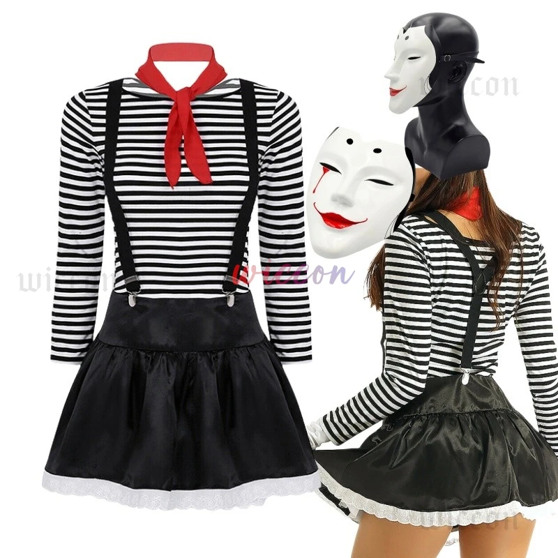 

Anime Halloween Cosplay Pantomime Clown Circus Performance Costume Drama Performance Clown Mask Costume Striped Suit