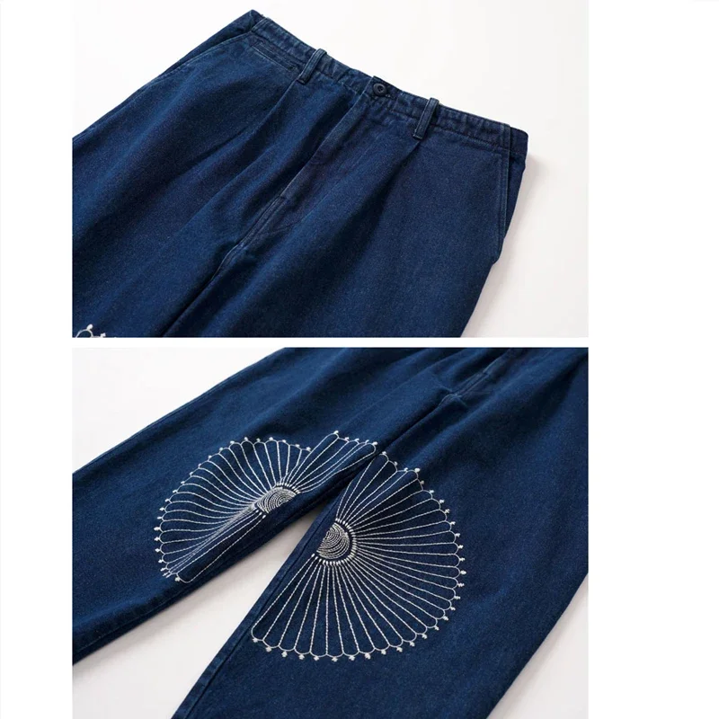 Japanese Retro Ethnic Style Craftsmanship Embroidery Pattern Washed Thick Denim Jeans Men's Loose Wide Leg Chrysanthemum Pants