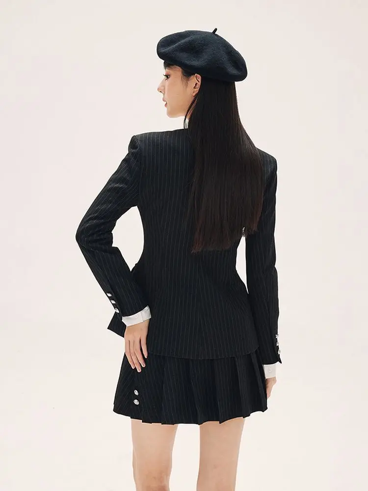 French Vintage Preppy Style 3 Piece Set Women Striped Blazer Bow Collar Slim Fit Pleated Mini Skirt Suit Elegant School Outfits