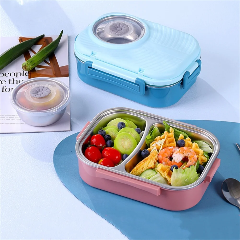 Bento Box For Kids Portable Stainless Steel Leak Proof Lunch Containers 3 Compartment Double-layer Lunch Box With Utensils