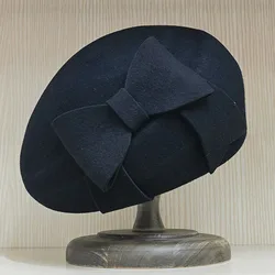 Damski francuski beret Fancy Big Bow Winter Hat Ladies Wool Felt Fedora Hat Dressy Pillbox Hat Wedding Church Occasion Headpiece