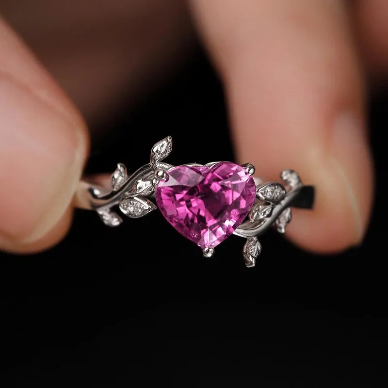 Love Heart Red Ruby Gemstones Diamonds Rings For Women Artistic Ceaves Design Irregular Finge Bands White Gold Silver Jewelry 3