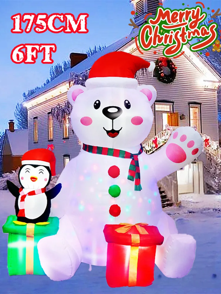 6FT Christmas Inflatable Polar Bears & Penguins Yard Decorations,Built-in Color LED Lights, For Indoor Outdoor Square Lawn