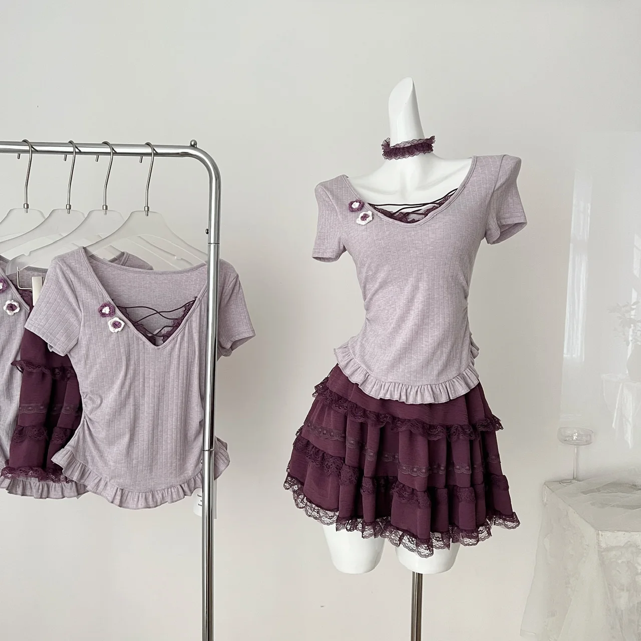 

Summer Women Rave Y2k Birthday Mori Girl Shoujo Korean Fashion Outfits 2 Piece Set Short Sleeve V-neck T-shirt + Mini Skirts