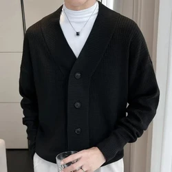 Korean Minimalist Men's Knitted Retro Spring Autumn 2024 Splicing V-neck Button Fashion Solid Slim Casual Long Sleeve Sweater