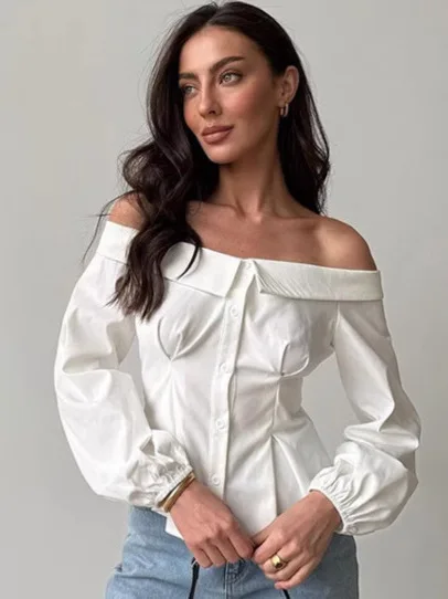 

Sexy One oulder Long Sve irt Women's Slim Fit Pure Color Cotton Commuter Sle Ba Button Pure Cotton Fabric