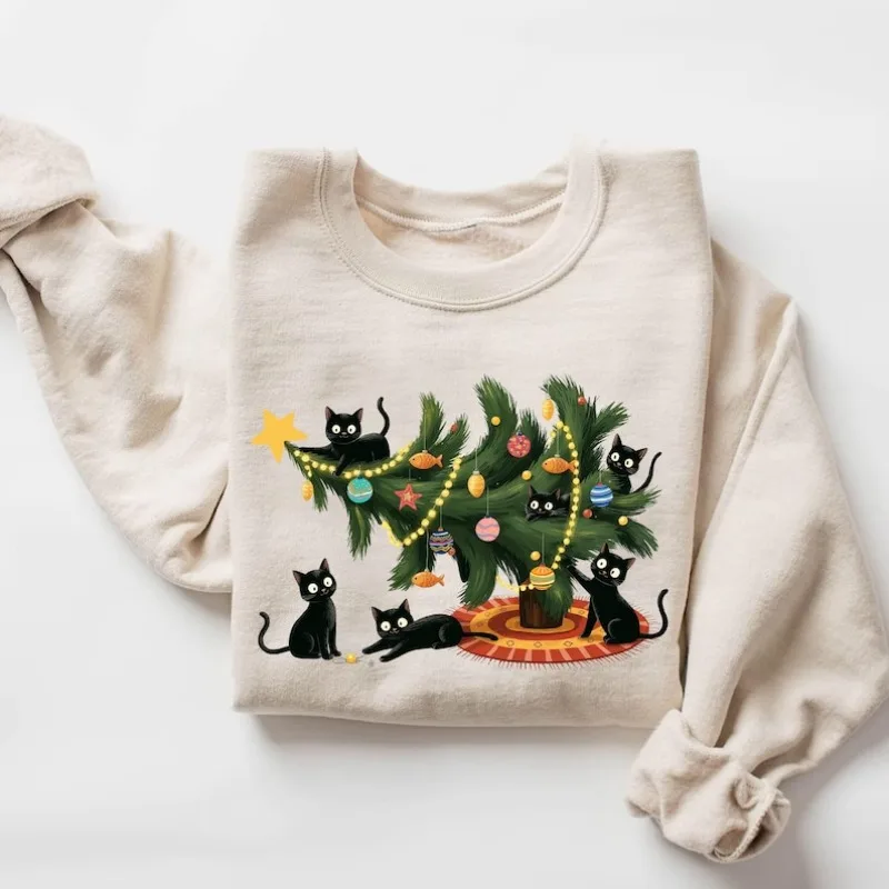 شجرة عيد الميلاد القط ملابس رياضية لطيف عاشق عيد الميلاد البلوز مضحك عطلة القمم القط أمي هدية عيد الميلاد القط مالك الشتاء الحراري هوديي