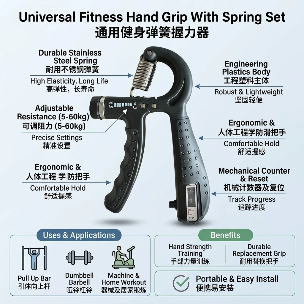 Universal Fitness Hand Grip With Spring Set Engineering Plastics Stainless Steel Durable Replacement Handle Grip For Exercise Equipment Gym Fitness Training Pull Up Bar Dumbbell Barbell Machine Home Workout Anti Slip Ergonomic Portable Easy Install Kit - view 5
