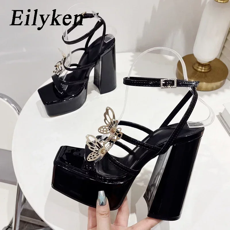 Eilyken Summer Platform Butterfly-knot Buckle Strap Women Sandals Fashion Square Toe Chunky High Heels Nightclub Party Shoes