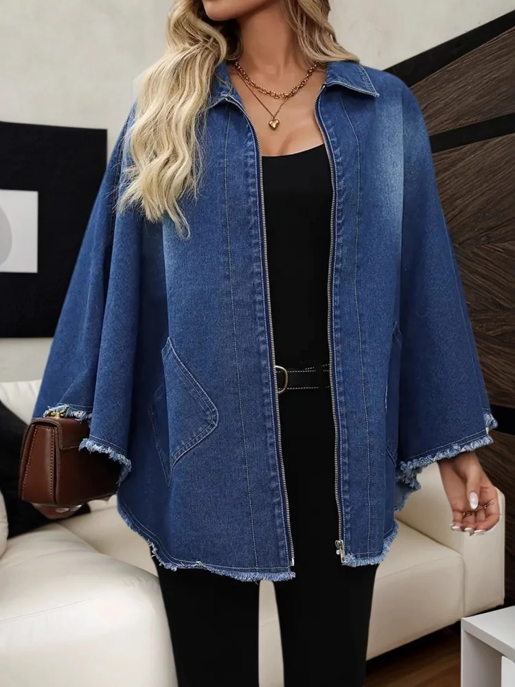 Wmstar Coat Women Wholesale European American Woman Denim Cross Border Autumn Winter Fashion Loose Lapel Batsleeve Jacket