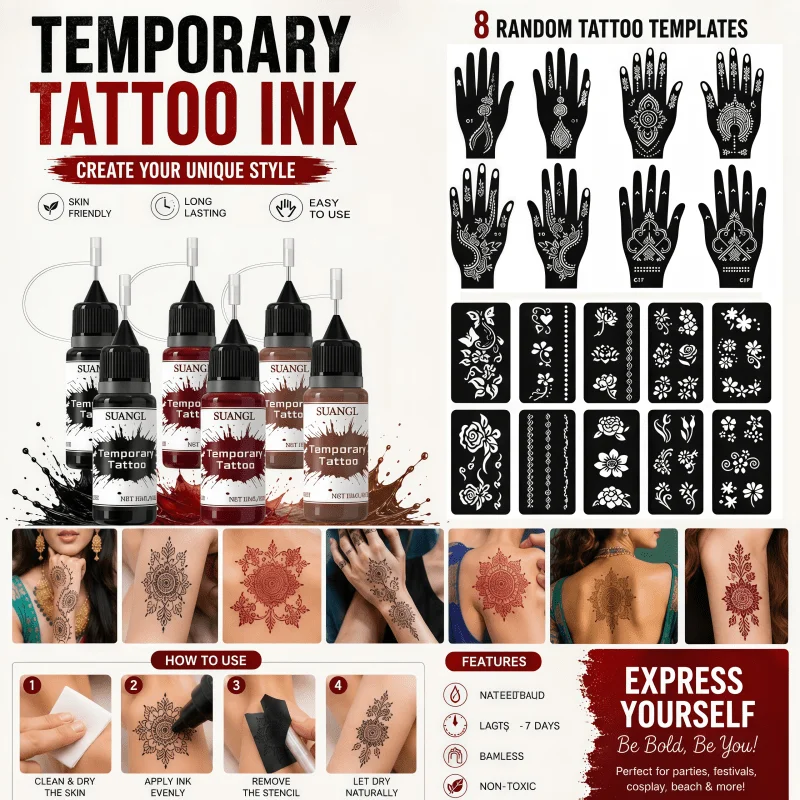 SUANGL Temporary Tattoo Ink 4PCS with 18 Stencils Random Reusable Long Lasting for Body Art Wedding Party Festival DIY Supplies