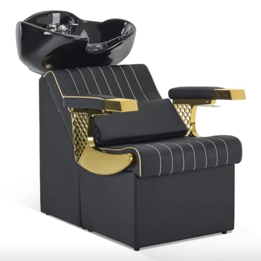 

Backwash Shampoo Station Chair and Bowl Unit, Porcelain Ceramic Basin Sink, BlackandGold Shampoo Barber Chair with Vacuum Break