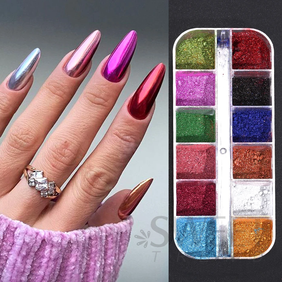 12 Grids Colorful Nail Mirror Powder Glitter Rose Gold Champange UV Gel Polish Chrome Dust Metallic Effect Pigment Decoration