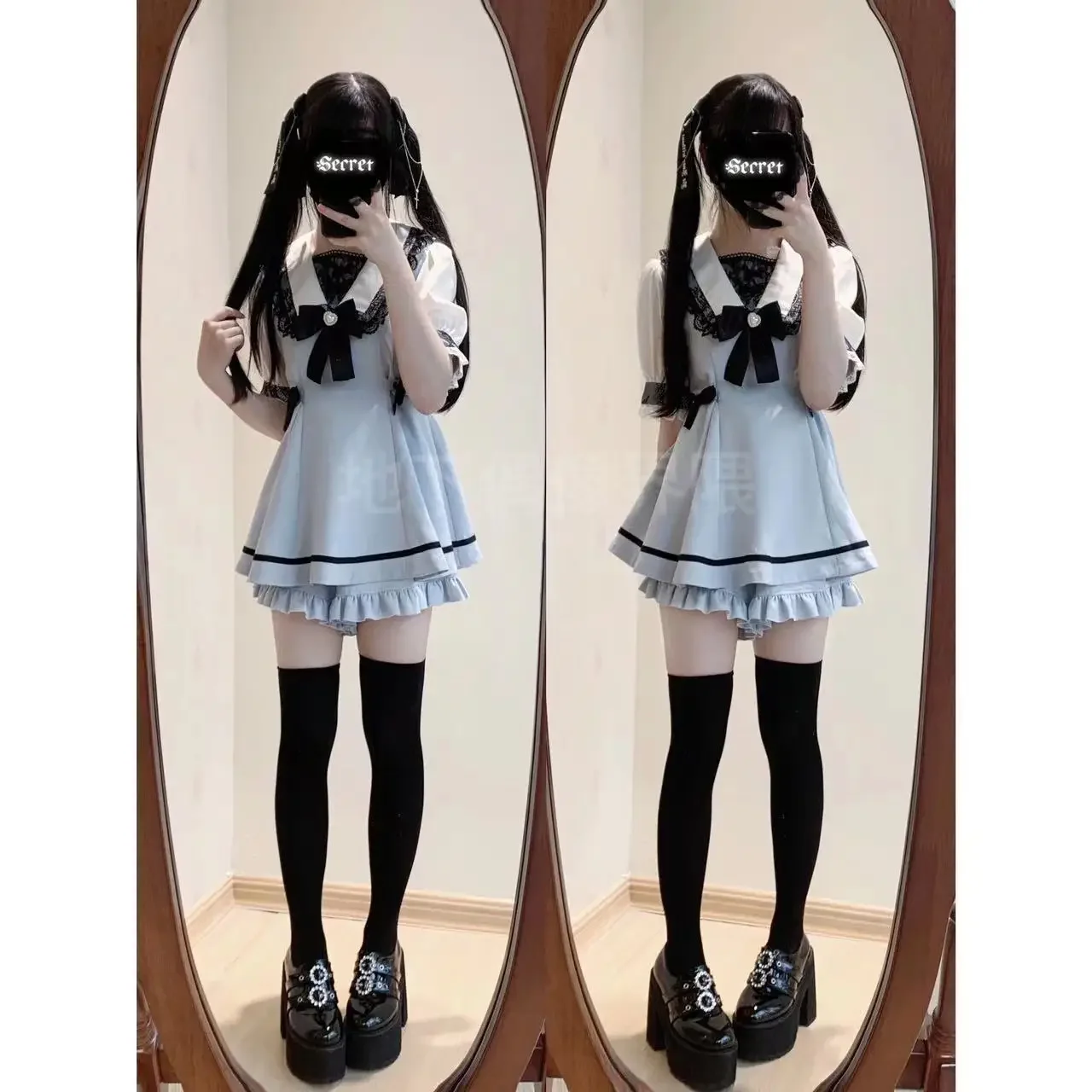 Japanese Women Suit Lolita Mine Mass-Produced Lace Shirt Dress Shorts Set Subculture Cute Short Sleeve Dress Shorts 2 Piece Set