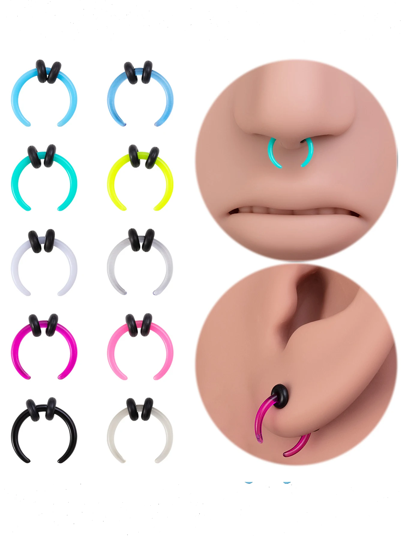 2pcs Trendy Acrylic OX Horn Vintage Nose Septum Hoop Rings Ear Septum Clicker Horseshoe Nose Ear Taper Piercing Body Jewelry