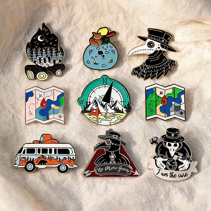 Camping Outdoor Enamel Pins Gothic Plague Doctor Brooch Map Compass Camper Van Campfire Metal Lapel Badge Backpack Jewelry Gift