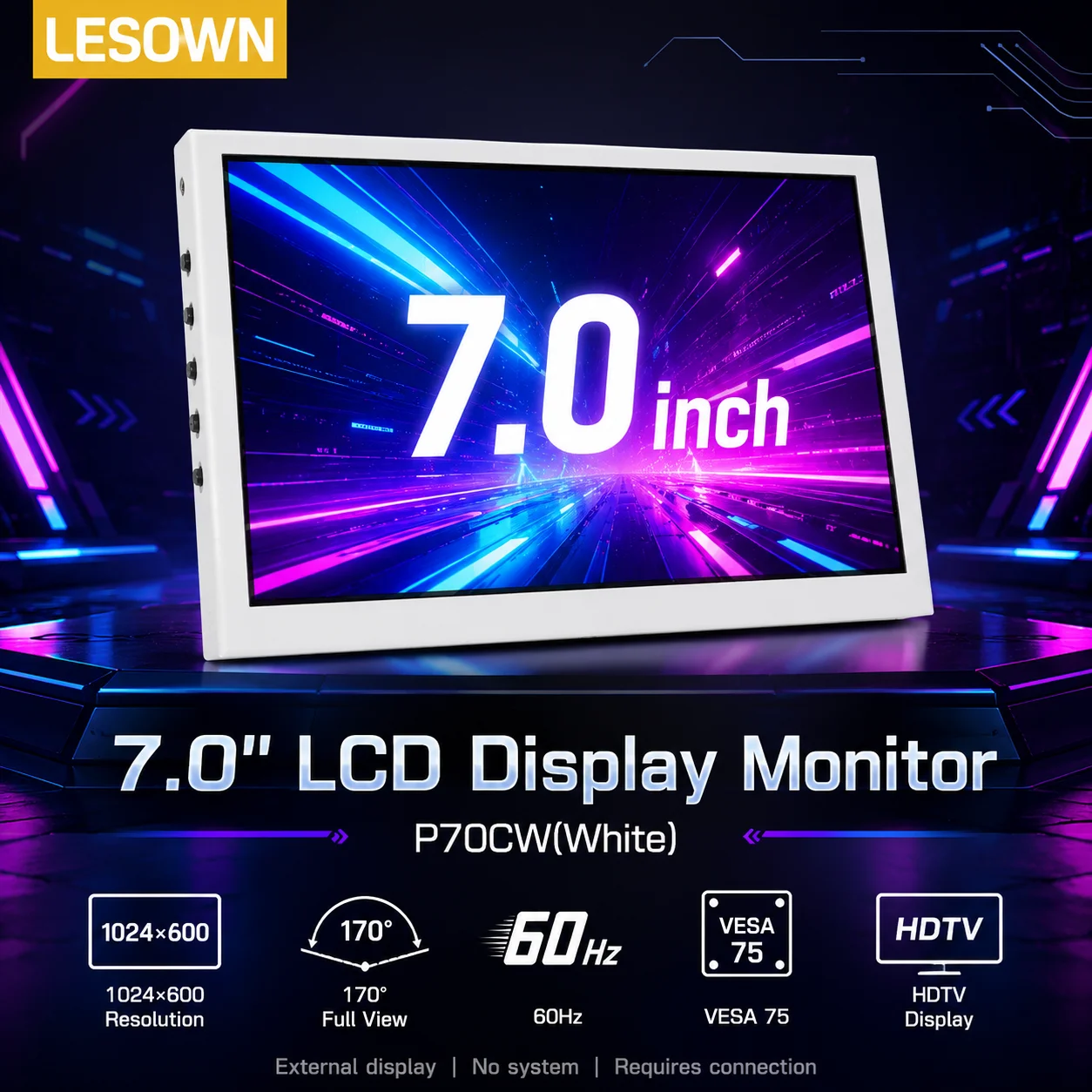 LESOWN Touch 7" HDTV Display Panel Driver-free Plug and Play for Server Monitoring Screen Portable Easy Connection