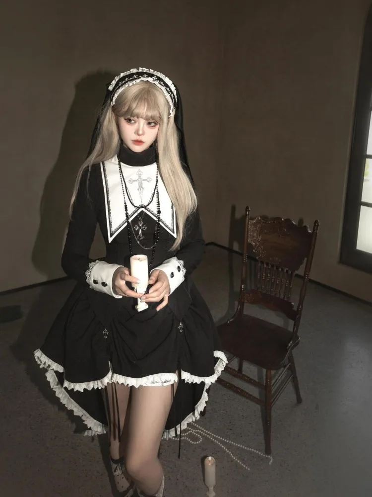 

Y2k Gothic Dark Academia Clothes Slim Waist Lolita Dress for Women 2025 New Long Sleeve Dresses Black Two Piece Sets