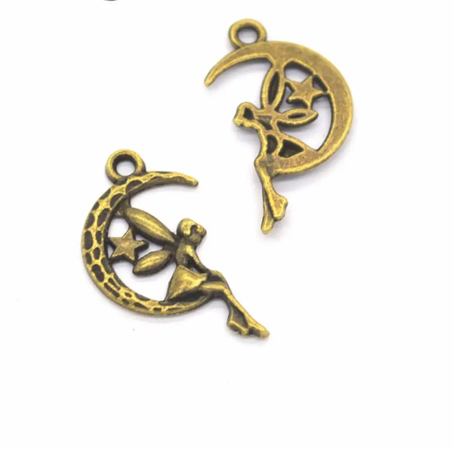 100pcs Charms Fairy Angel Moon Star 25x14mm Handmade Pendant Making fit TibetanBronze,DIY For Necklace F0011