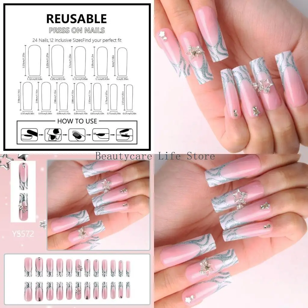 

652C 24 Pcs Ballerinas False Star Artificial French Tip On Glittering Press On with Rhinestones