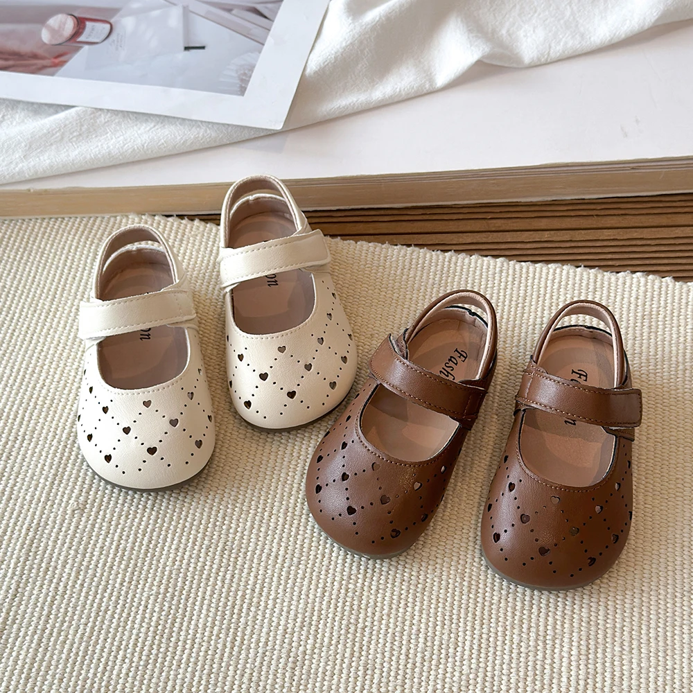 Summer Girl'S Heart Hollow Out Sandals Matte Pu Leather Kids Toddler Flat Shoes Cover Toe Anti Slip Soft Sole Children Footwear