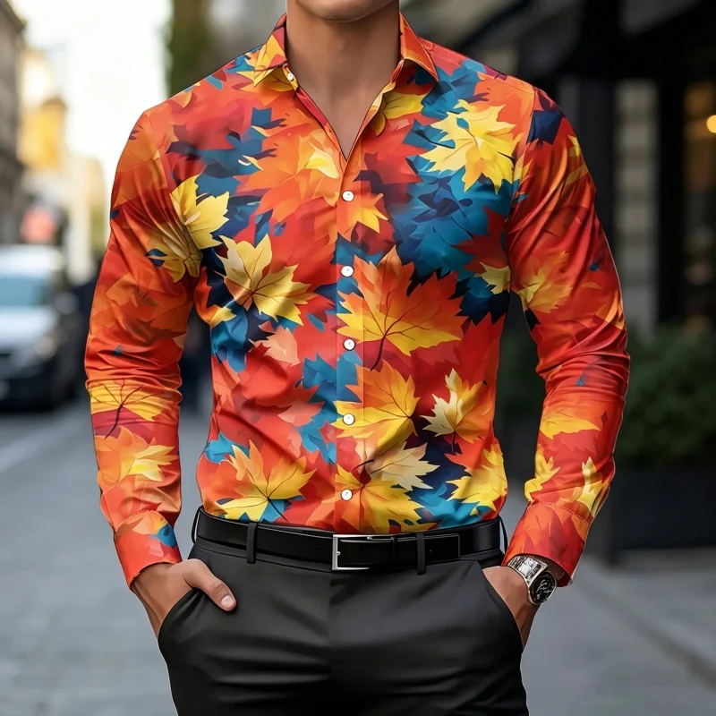 Men's Shirt Long Sleeve Spring Autumn Black Golden Baroque Swirl Red Rose Floral Print Lapel Button‑Up Street Top Mens Clothing