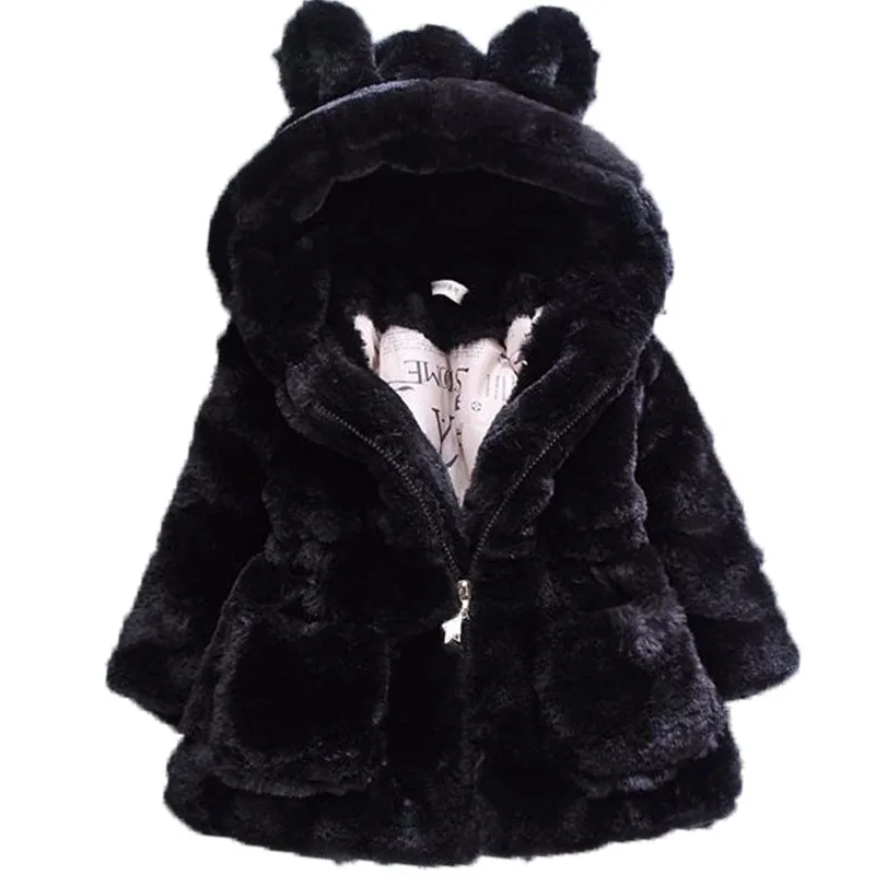 Autumn and Winter Girls\' Solid Color Rabbit Ear Hooded Plush and Thick Warm Jacket Fashionable and Versatile Cotton Jacket