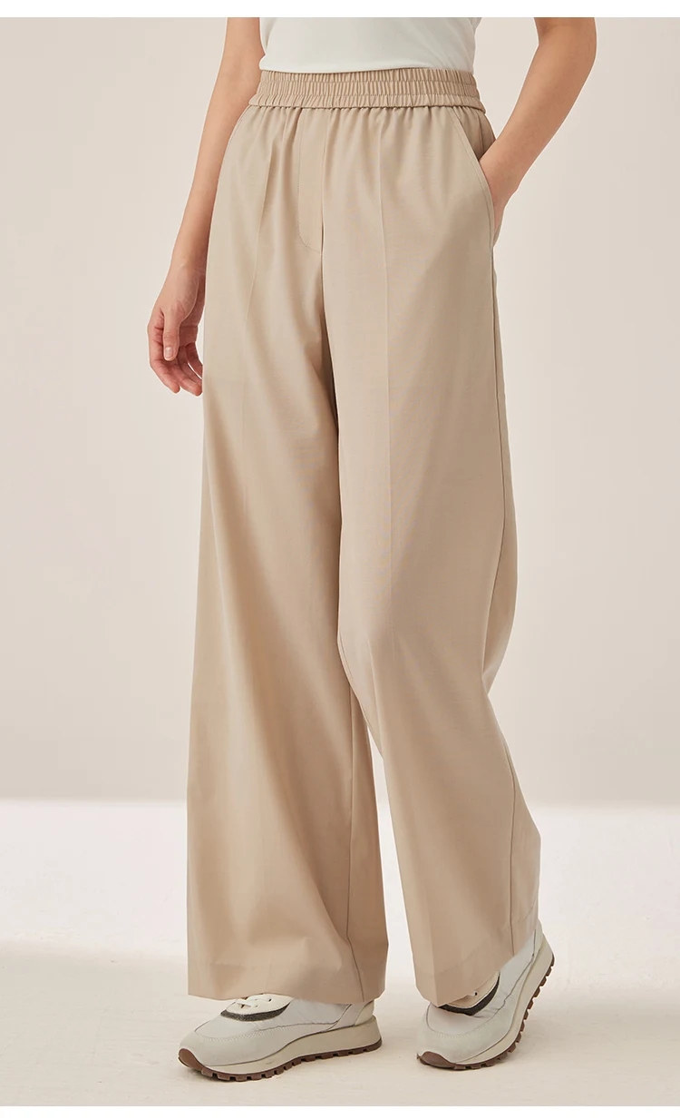 KX7523423 Damenhose mit weitem Bein aus Wollmischgewebe, lässige Hose mit elastischem Bund und Taschen – Detail 7