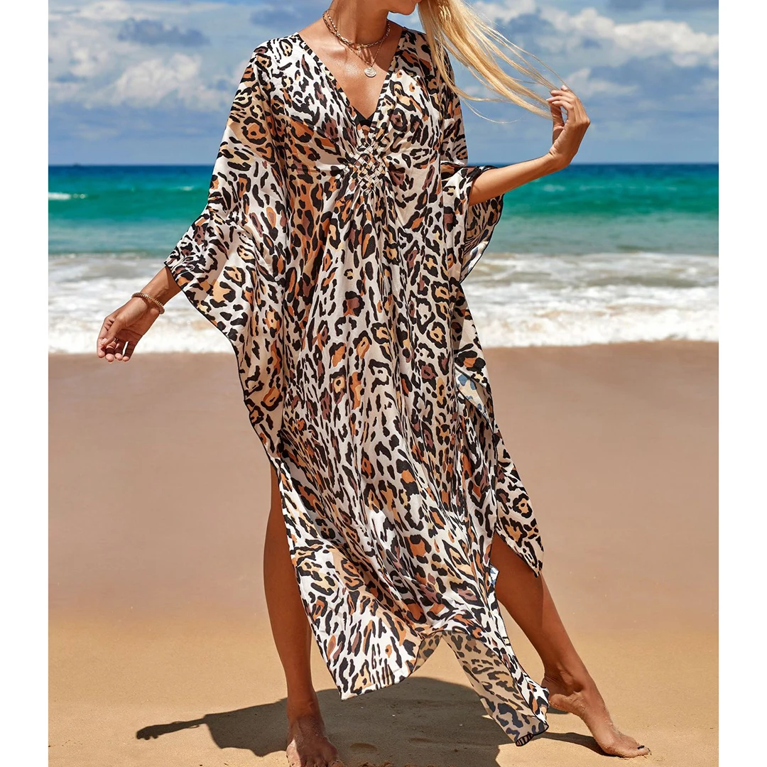 Sexy Tunika mit Zebra-Muster und V-Ausschnitt, Strandkleid, Strandmode, langes Strandkleid für Damen, V4159 – Detail 13