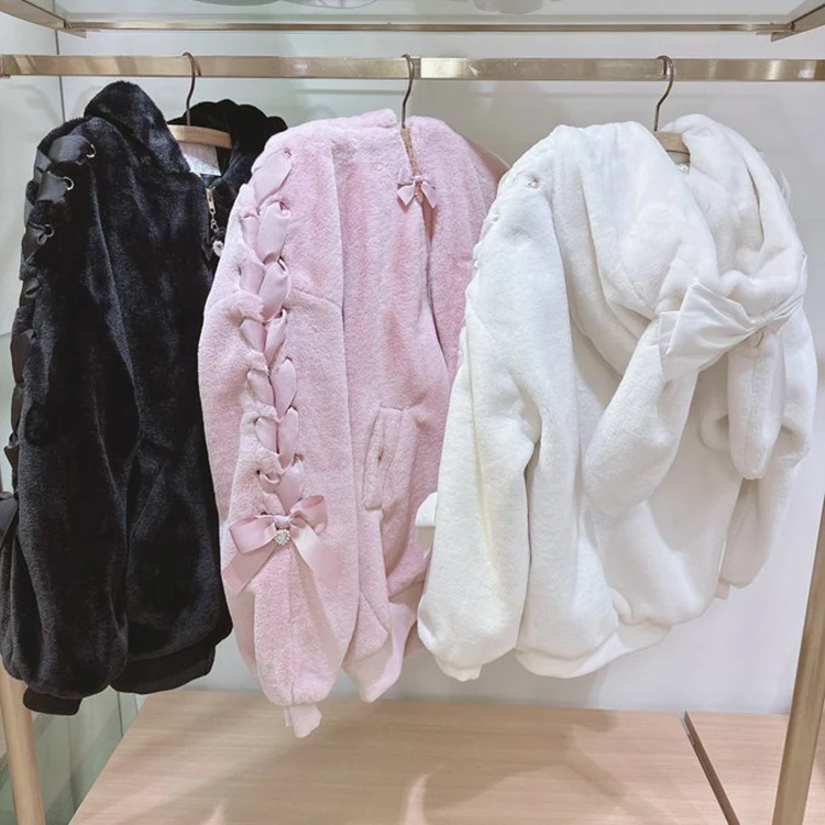 Japanese Clothes High-end Fashion Cute Mine Tie Rabbit Ears Strap Bow Zipper Plush Coat Autumn Winter Thickened Warm Fur Jacket