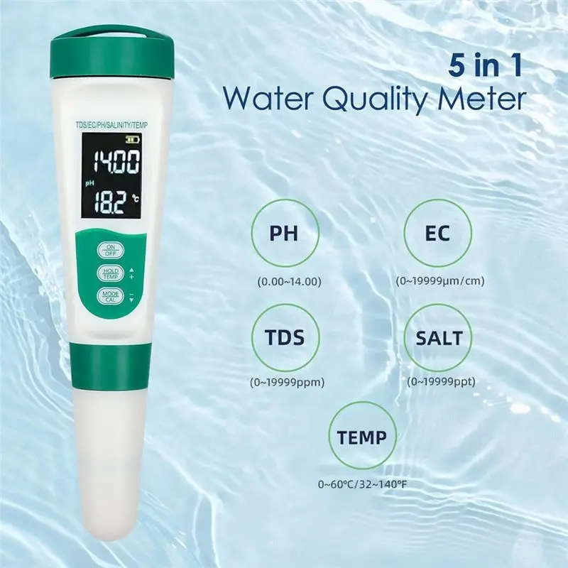 AT02-5 In1 Digital PH Meter Highly Accurate Water Quality Tester PH/EC/TDS/Salinity/Temp Meter,TDS Meter Fordrinking Water