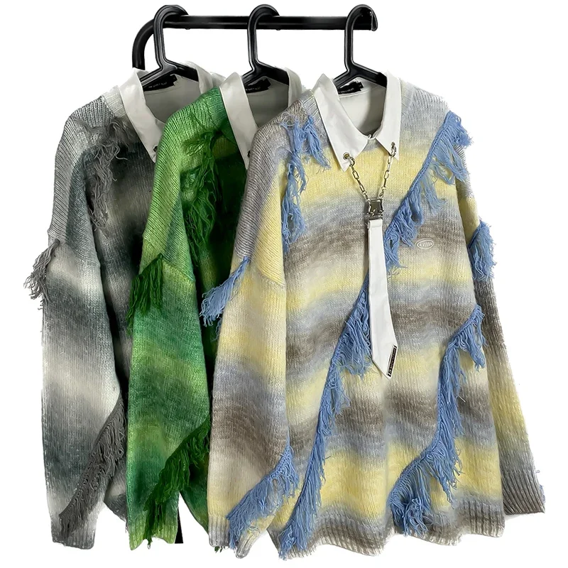 New American Retro Tie-Dye Tassel Sweater Male And Female Trendy Brand Niche Design Couple Knitwear Coat O-neck Sueters De Mujer