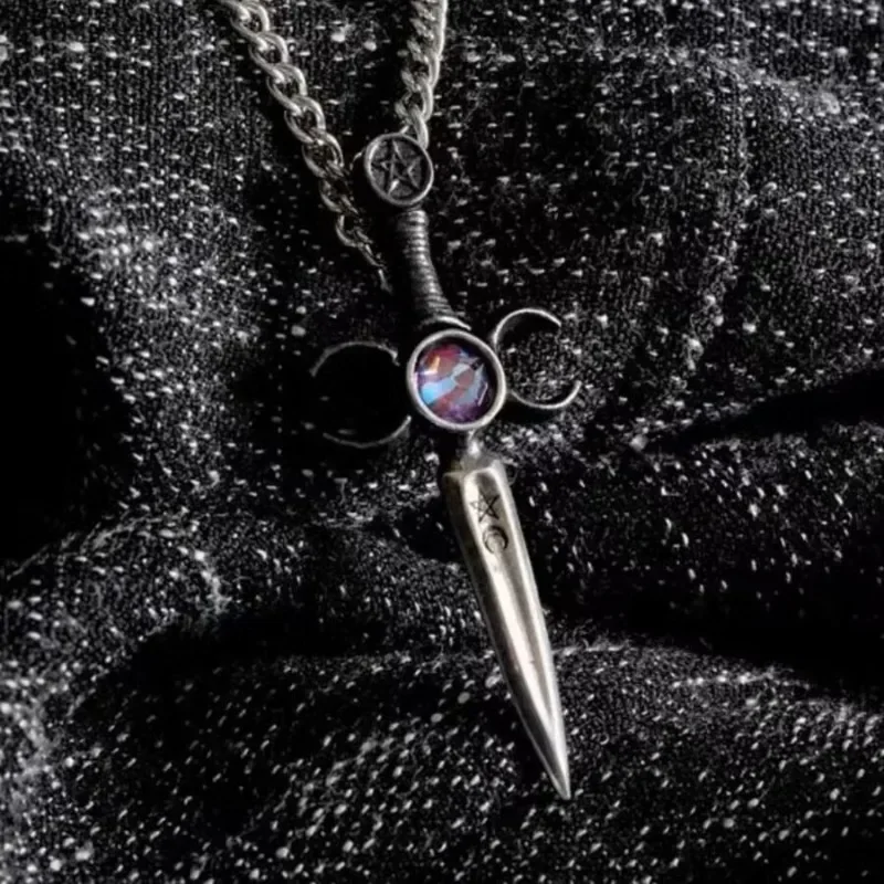 Sword Triple Moon Goddess Pentagram Pendant Stainless Steel Purple Crystal Witch Pagan Chain Necklaces Jewelry Xmas Gift