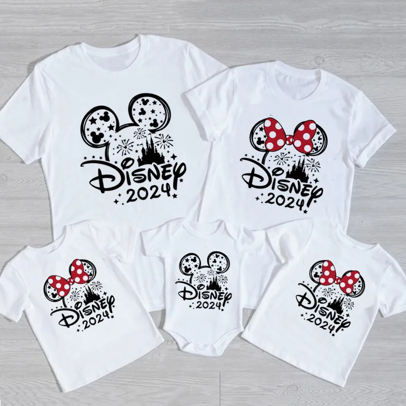 2024 Disney Trip Mickey Minnie Mouse Familie Bijpassende Shirts Katoen Vader Moeder Bro Zus Kids T Shirt Baby Rompertjes Bijpassende Kleding